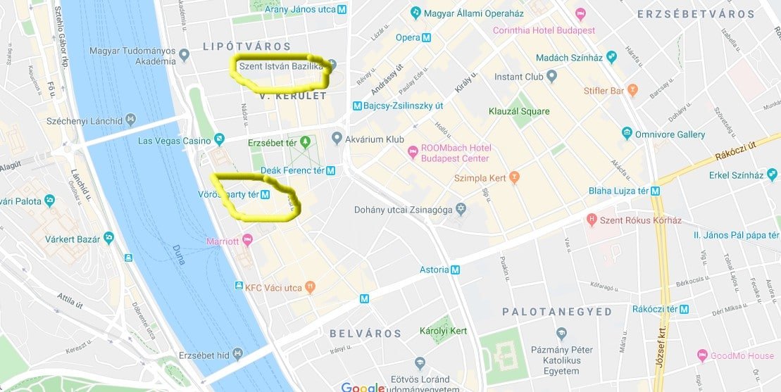 Et kort, der viser de to store julemarkeder i Budapest